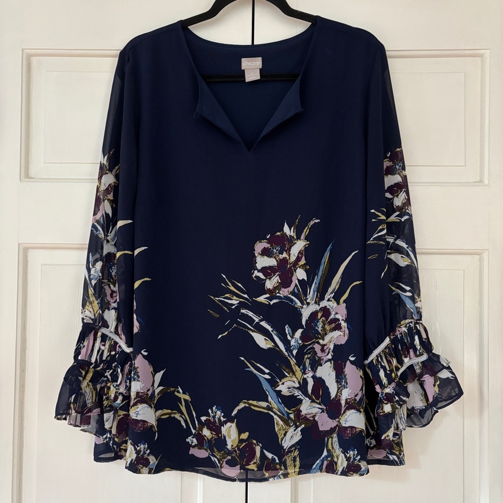 Chico's Size 2 Navy Blue Floral Blouse Ruffle Statement Bell Sleeves Chico Large